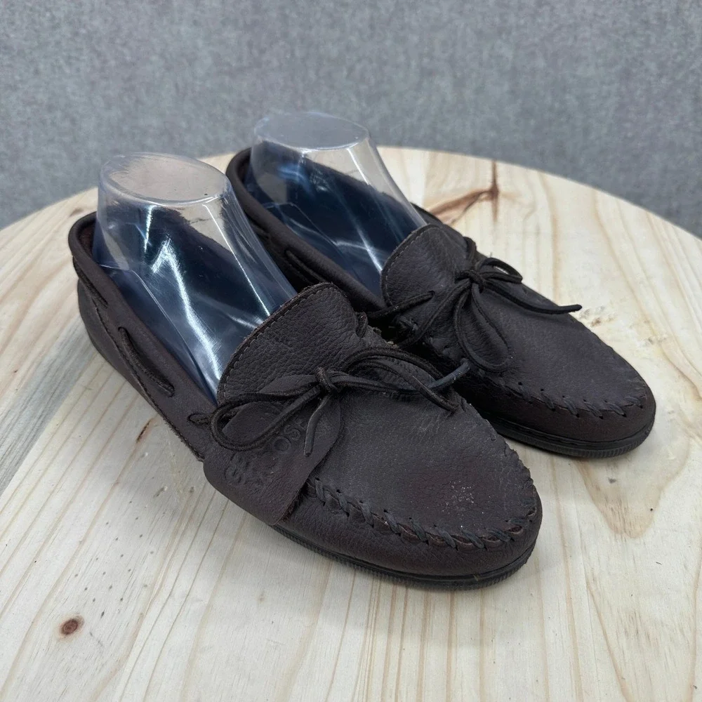 Minnetonka Moccasin Men 10 Brown Moosehide Leather Whipstitch Loafers